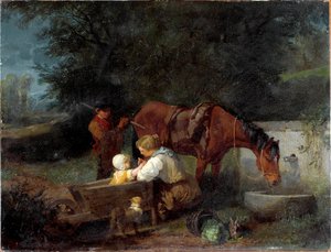 Une fermière avec son enfant, un garçon de ferme et un cheval - Angelo Beccaria