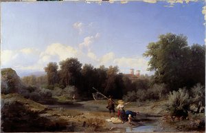 Paysage ou Pêche (Pêche dans une rivière) Peinture par Angelo Beccaria (1820-1897) 1855 Dim 94x146 cm Gênes, Galleria d
