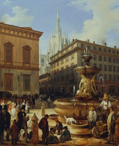 Vue de rue à Milan, avec la cathédrale en arrière-plan - Angelo Inganni