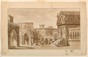 Décor de scène, palais gothique, église et forteresse