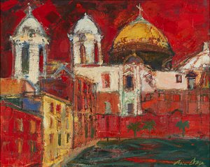 Cathédrale de Cadix et bâtiments, ciel rouge