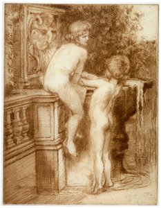 Deux garçons à une fontaine d