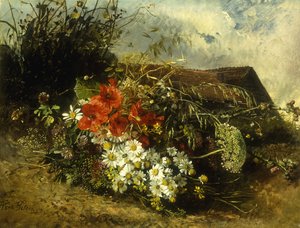 Fleurs Sauvages sur une Berge, avec un Cottage au Loin