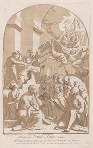 Le martyre de Saint Angelo qui en haut à gauche est poignardé regardé par horrifié - Anne Claude Philippe de Caylus