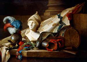 Buste de Minerve avec armure et armes sur un rebord de pierre, 1777