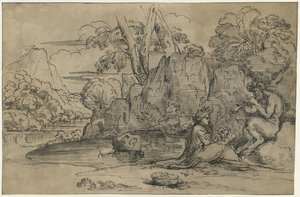 Paysage avec un satyre jouant de la flûte, une femme et un putto