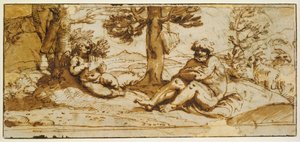 Flötenspielender Amor und Silenus in einer arkadischen Landschaft - Annibale Carracci