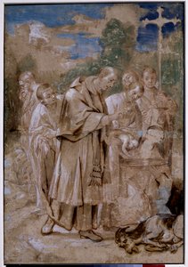 Saint Charles Borromée baptisant un enfant. Le mouton mort et les croquis de couches de corps à côté desquels un homme se bouche le nez pour ne pas respirer l