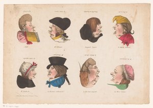 Huit têtes caricaturales visibles de deux côtés