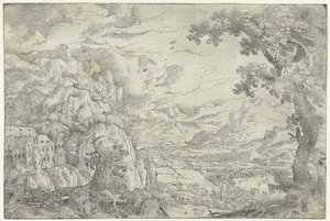 Paysage montagneux avec arbre élagué - Anonymous