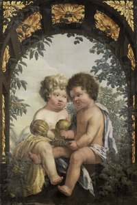 Allégorie chrétienne avec deux enfants versant tous deux d