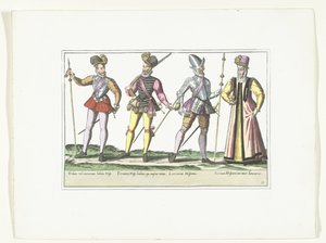 Trois militaires espagnols en uniforme et une vivandière, vers 1580 - Anonymous