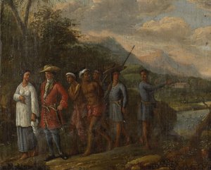 Marchand néerlandais avec des esclaves dans les collines des Indes orientales