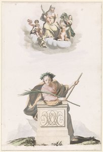 Figure appuyée sur un pilier de pierre avec des initiales et Marie sur les nuages - Anonymous