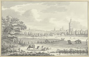 Vue sur des prairies vers une ville - Anonymous