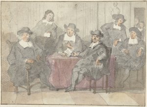 Portrait de groupe de six hommes assis et debout autour d