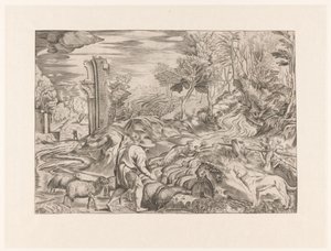 Berger avec troupeau de moutons - Anonymous