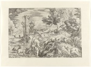 Berger avec troupeau de moutons - Anonymous