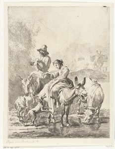 Bergère sur un âne et berger à cheval traversant un ruisseau - Anonymous