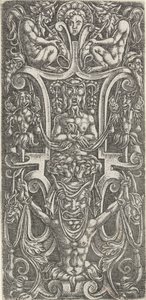Au centre, un satyre assis sur un homme avec un grand masque (Décorations plates avec grotesques en ornement) - Anonymous