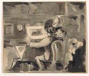 Intérieur avec trois hommes regardant une gravure - Anonymous