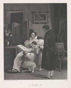 Intérieur avec une famille regardant un album de gravures - Anonymous