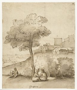 Paysage italien avec quelques figures sous un arbre - Anonymous