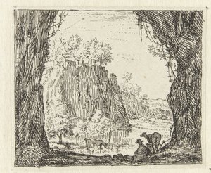 Paysage italianisant avec des chèvres près d