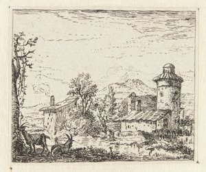 Paysage italianisant avec tour ronde et deux chèvres - Anonymous