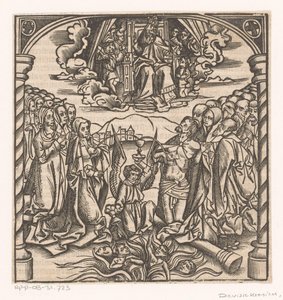 Ange agenouillé recueillant un rayon de sang du Christ et un rayon de lait de Marie dans un calice