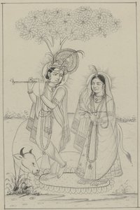Krishna jouant de la flûte et Radha - Anonymous