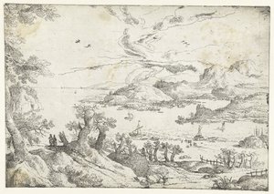 Paysage avec large rivière entre collines - Anonymous