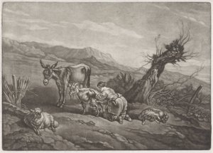 Paysage avec une bergère trayant une chèvre - Anonymous