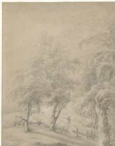 Paysage avec quelques figures sur un chemin derrière une barrière - Anonymous