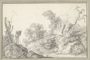 Paysage avec arbre nu et homme avec bâton