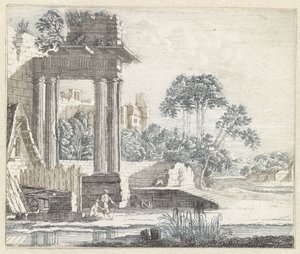 Paysage avec ruines classiques au bord de l