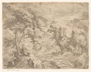 Paysage avec rivière et construction sur un rocher - Anonymous