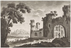 Paysage avec ruines, bergers et promeneurs - Anonymous