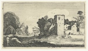 Paysage avec tour carrée près de maisons - Anonymous