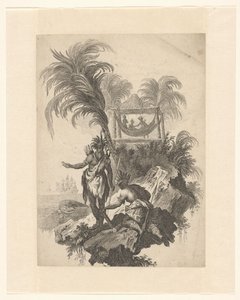 Homme et femme avec coiffe de plumes dans un paysage - Anonymous