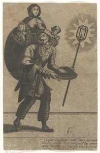 Homme avec une lanterne et sa famille dans un panier sur son dos - Anonymous