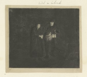 Homme avec une lanterne guidant un vieil homme ou un aveugle dans la nuit (Recueil de quatre-vingt-cinq estampes originales) - Anonymous