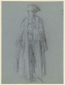 Homme avec tricorne en manteau très long, une main dans son gilet