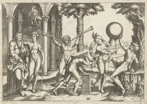 Homme avec deux trompettes et homme avec pierre sur son dos flanqué par homme et femme avec globe et vieil homme et jeune homme - Anonymous