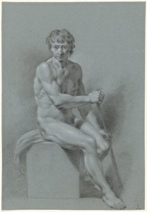 Nu masculin assis sur un bloc, un bâton dans chaque main (ramant ?) - Anonymous