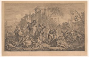 Scène de marché avec un chanteur de rue et un théâtre optique - Anonymous