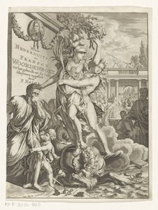 Minerva piétinant un monstre marin crachant du feu (Titrepage pour: François Halma, Woordenboek der Nederduitsche en Fransche taalen, 1710) - Anonymous