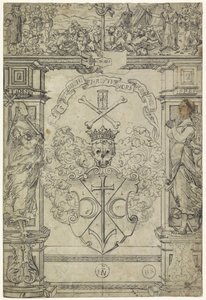 Conception pour un vitrail avec des armoiries, les figures Fides et Spes, et Moïse et le serpent d
