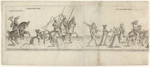Défilé avec des personnages déguisés, y compris le cavalier Bernhart von Ahren, un âne avec une broche, Janus, Bacchus sur un âne et deux musiciens - Anonymous
