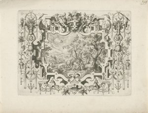 Encadrement ornemental avec figures et paysage du Bon Samaritain - Anonymous